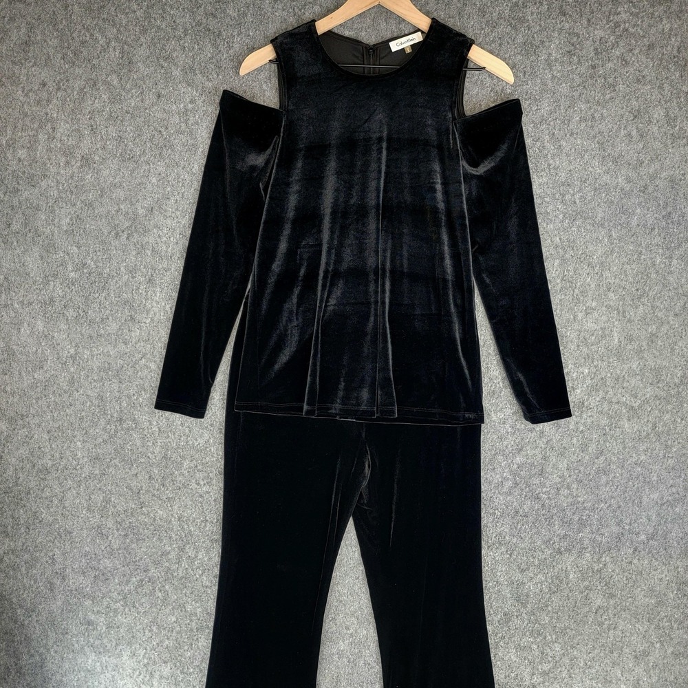 Calvin‎ Klein Velvet 2 Pc Set Womens M Black Velvet Top Pants Stretch Outfit